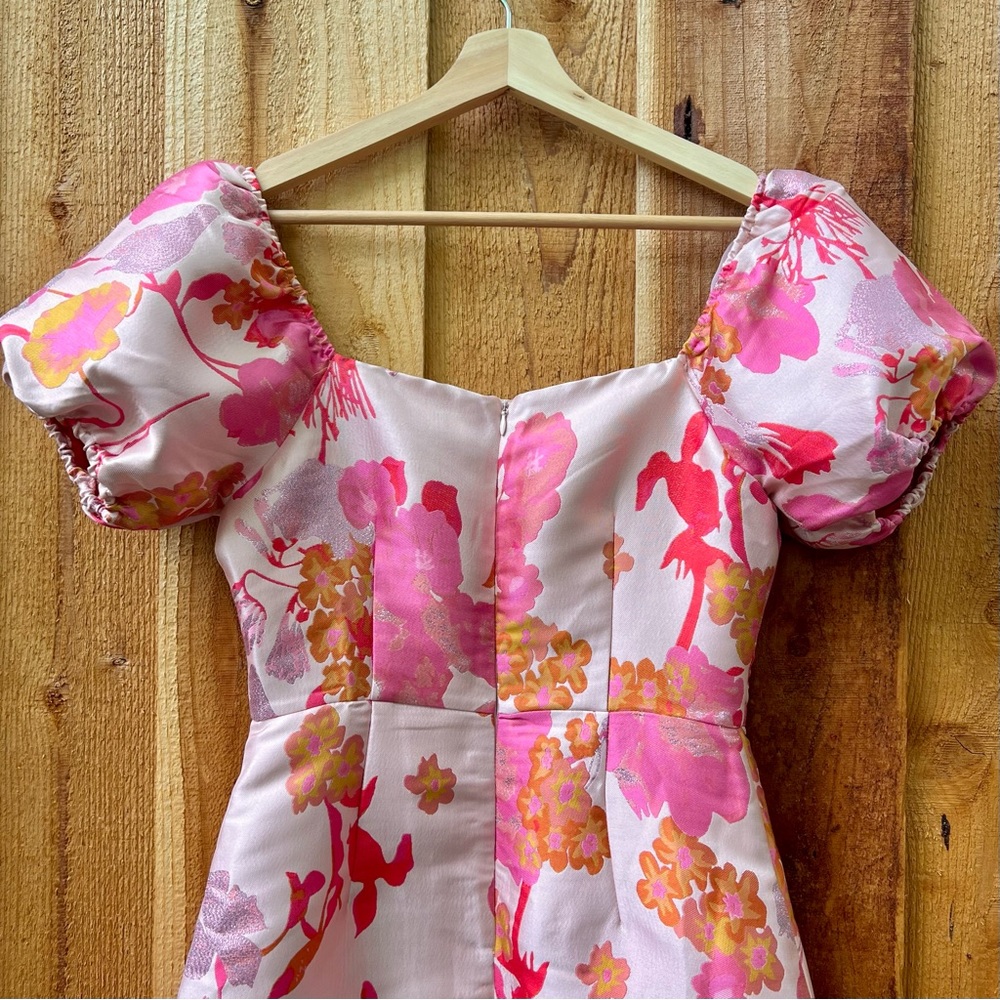 Pink and Orange Multi Floral Jacquard Puff Sleeve Mini Dress - Picture 6 of 11